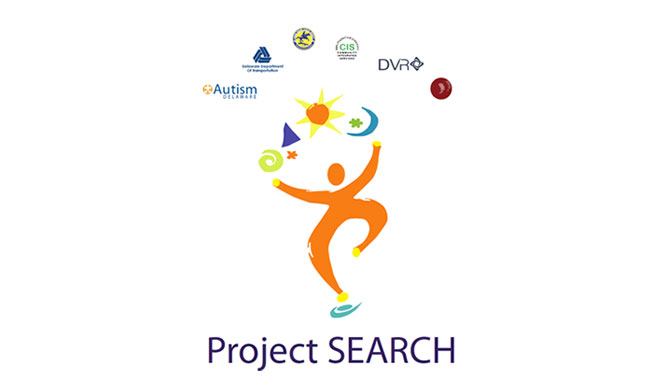 Orange person with arms raised below a green circle, blue triangle, orange and yellow sun, teal moon. Logos for Autism of Delaware, DelDOT, CR school district, CIS, DVR, and DHSS arching over the top.