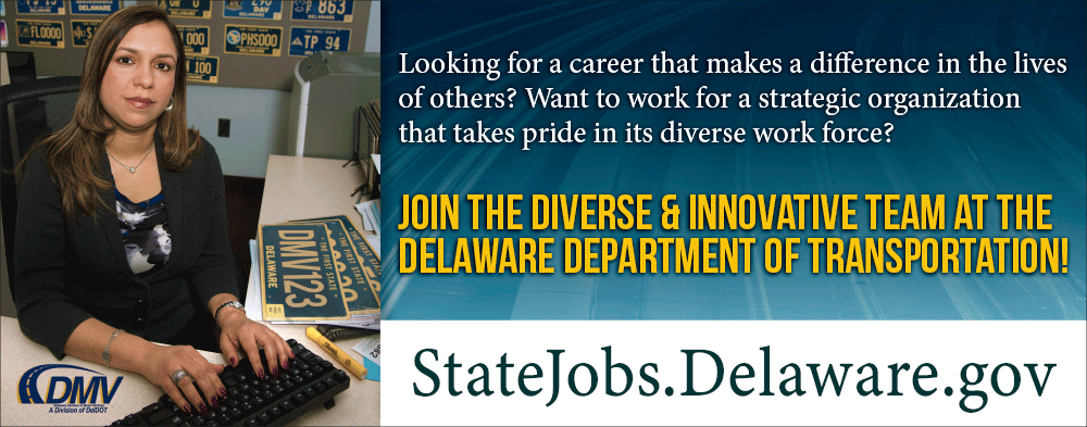 Woman at a keyboard with delaware license plates in the background, with the text:  Looking for a career that makes a difference in the lives of others? Want to work for a strategic organization that takes pride in its diverse work force?  Join the diverse and innovative team at the Delaware Department of Transportation.  Delaware state jobs dot com.